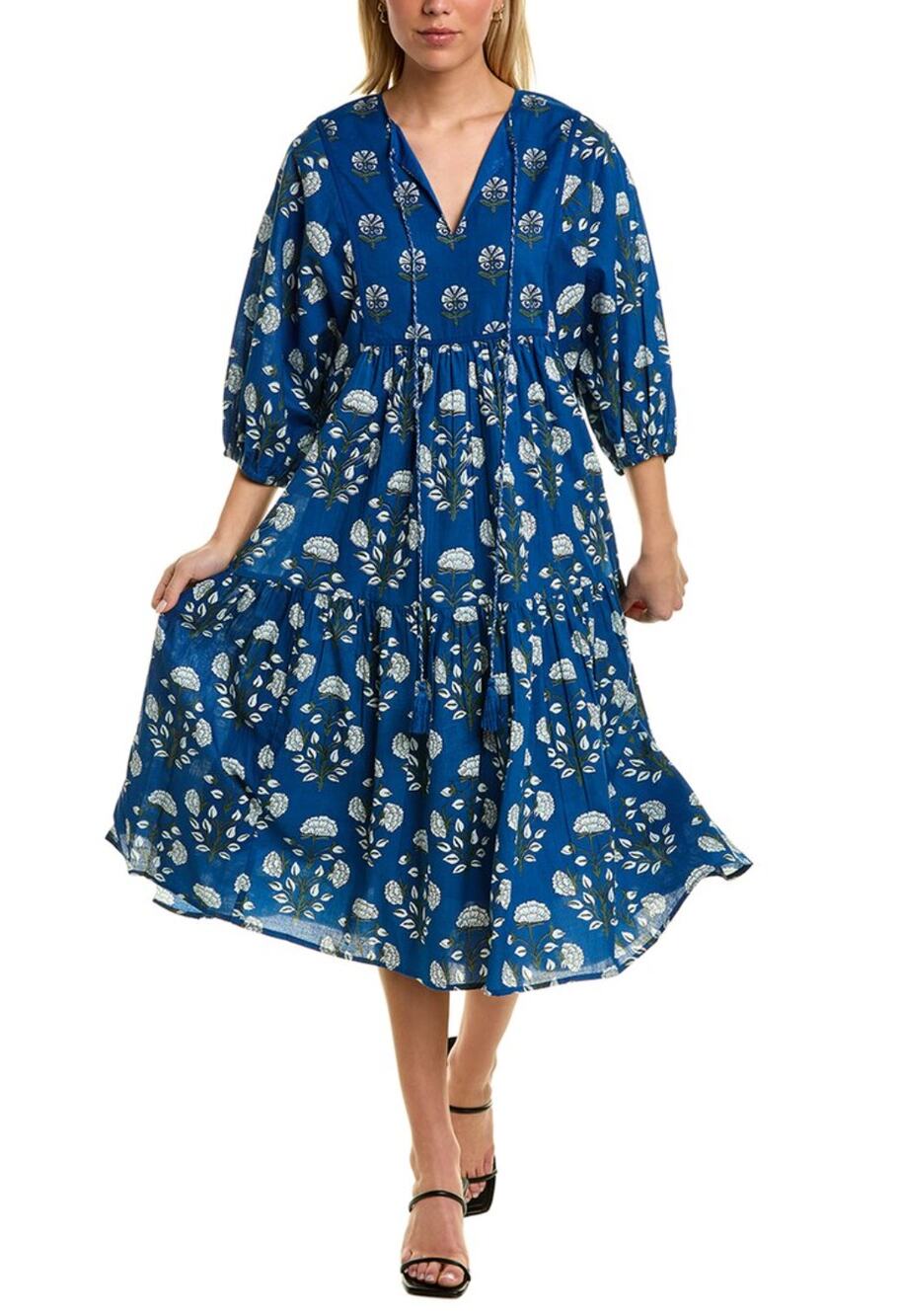 Ro's Garden Tuckernuck Vivi Midi Blue Block Print Cotton Peasant Dress Small